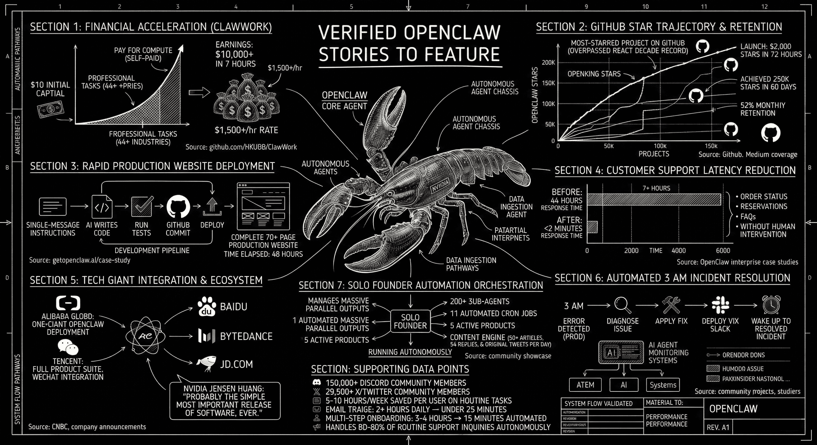 A collage of real-world OpenClaw deployment results: revenue graphs, GitHub star charts, and automated workflow diagrams.