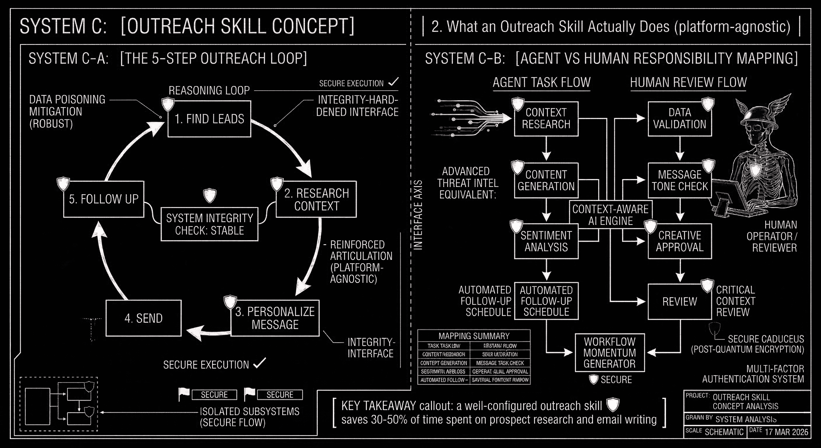 A technical blueprint showing the 5-step outreach skill loop and the agent vs human responsibility mapping for AI outreach automation.