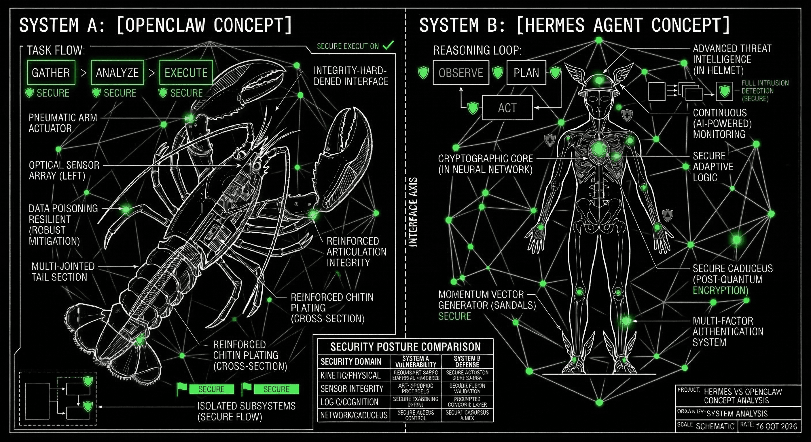 A technical blueprint comparing OpenClaw and Hermes Agent security architectures, showing task flow, reasoning loops, and a security posture comparison table.