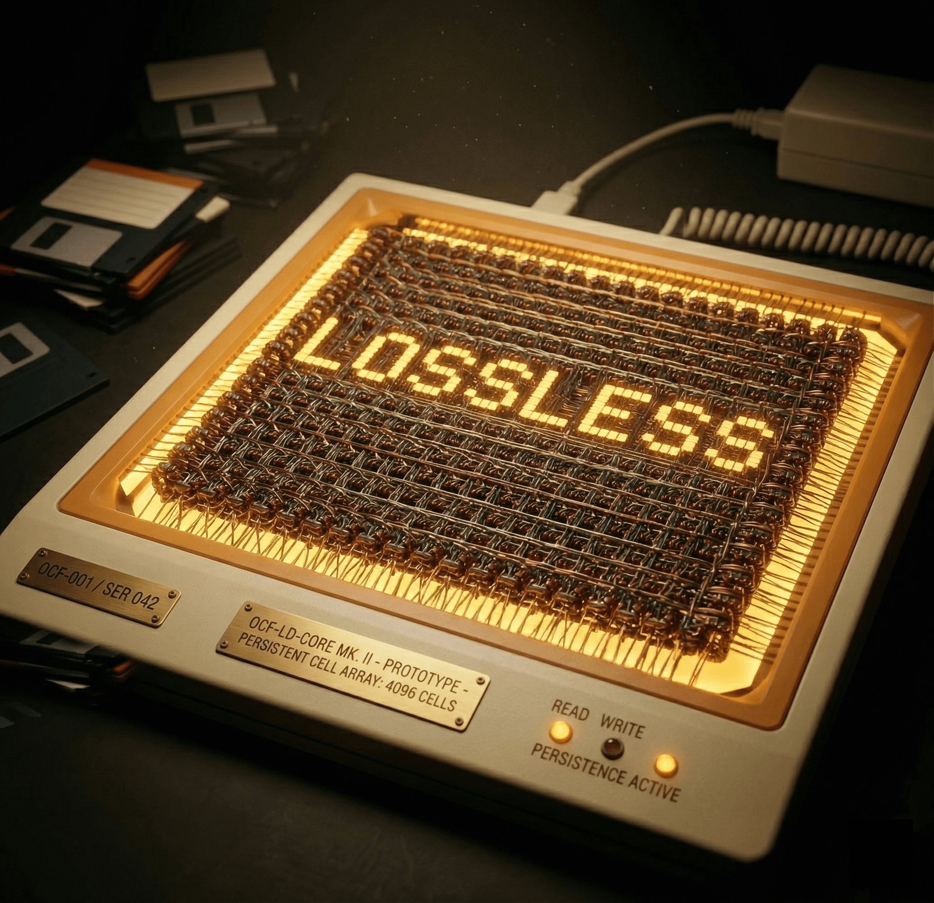 Retro magnetic core memory device displaying LOSSLESS, representing persistent, lossless context management for AI assistants.