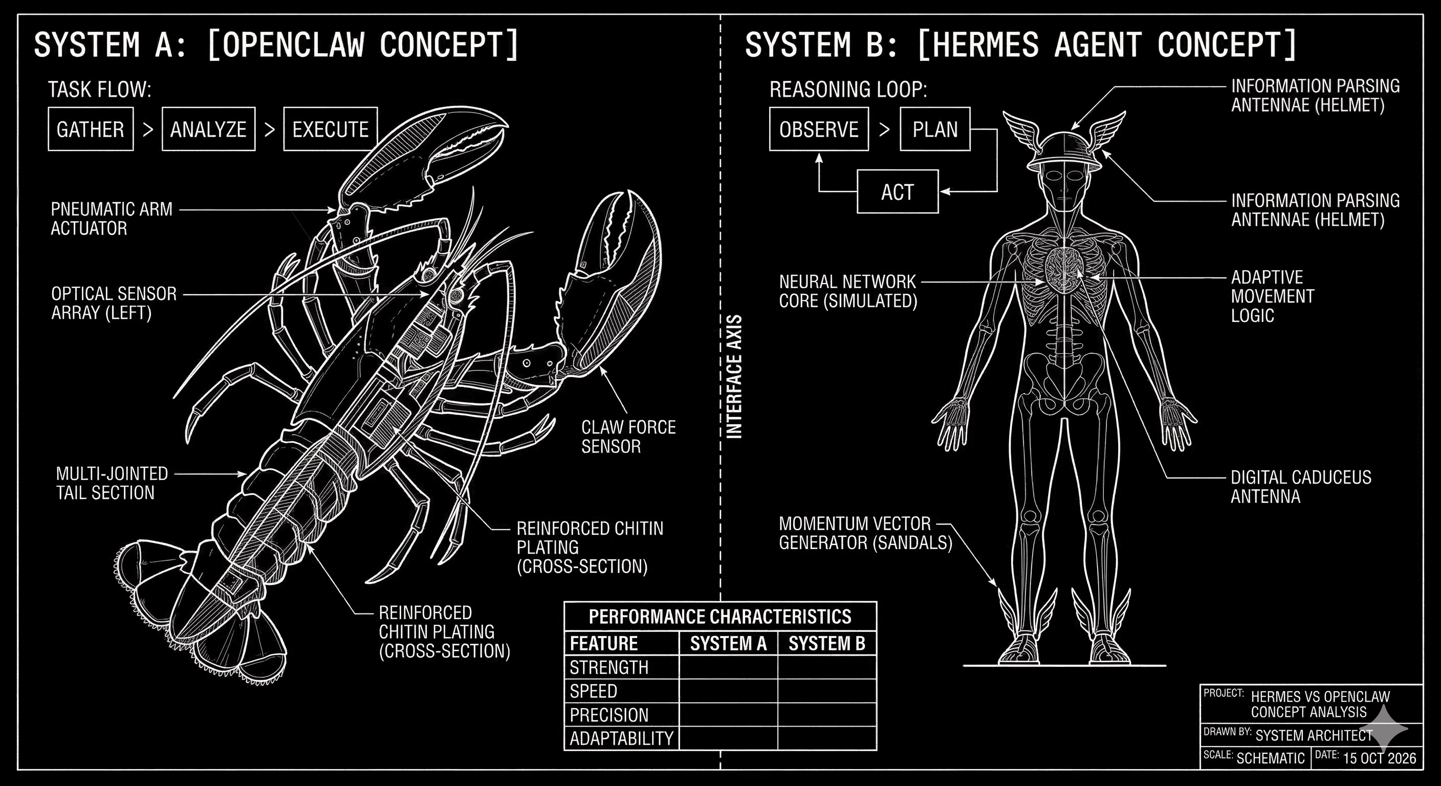 A side-by-side concept schematic comparing OpenClaw as a clawed task system and Hermes Agent as a humanoid reasoning system.